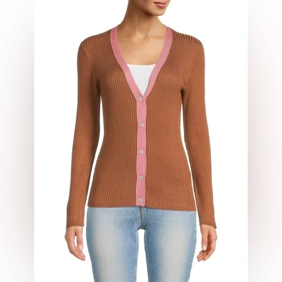 $125 Saks Fifth Avenue Size M Rayon Ribbed V Neck Cardigan Sweater Top NWT - Picture 1 of 5